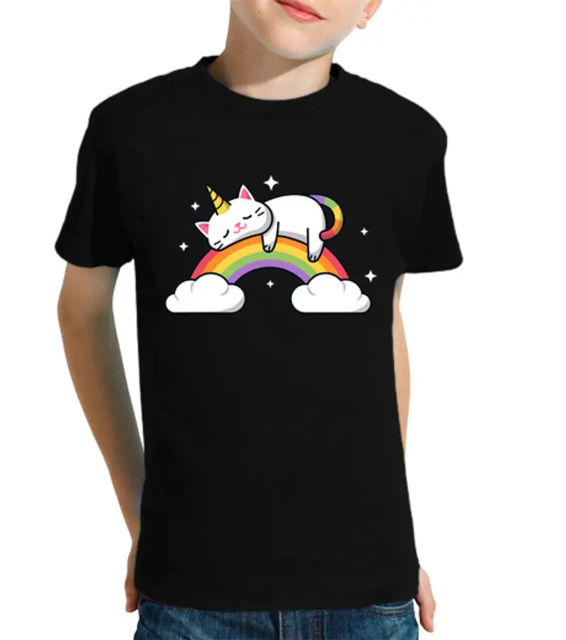 T-shirt bambino manica corta gatto unicorno schiacciando un pisolino