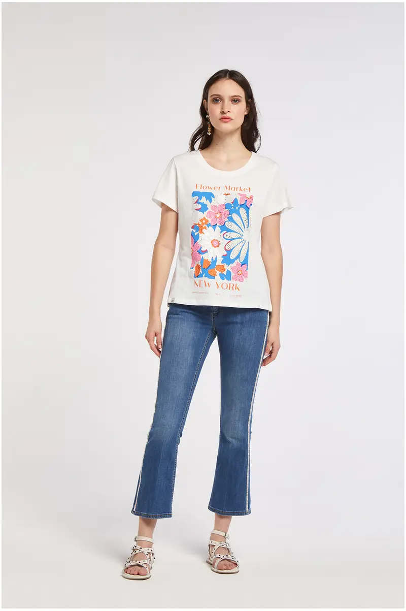 t-shirt in jersey di cotone con stampa floreale e strass bianco l