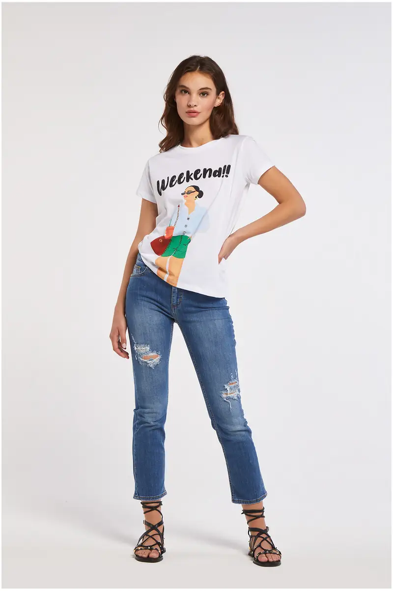 t-shirt in jersey di cotone con stampa multitecnica e strass bianco l