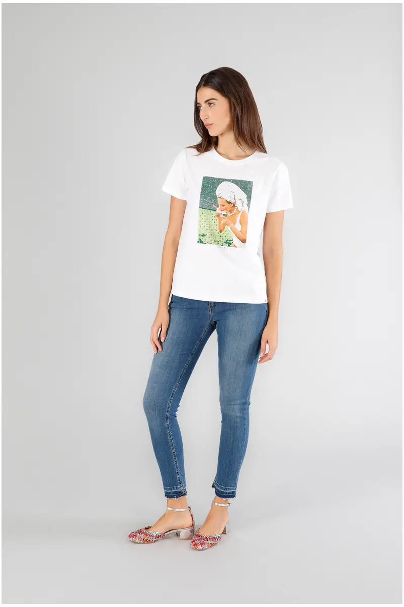 t-shirt manica corta e stampa glitterata bianco m