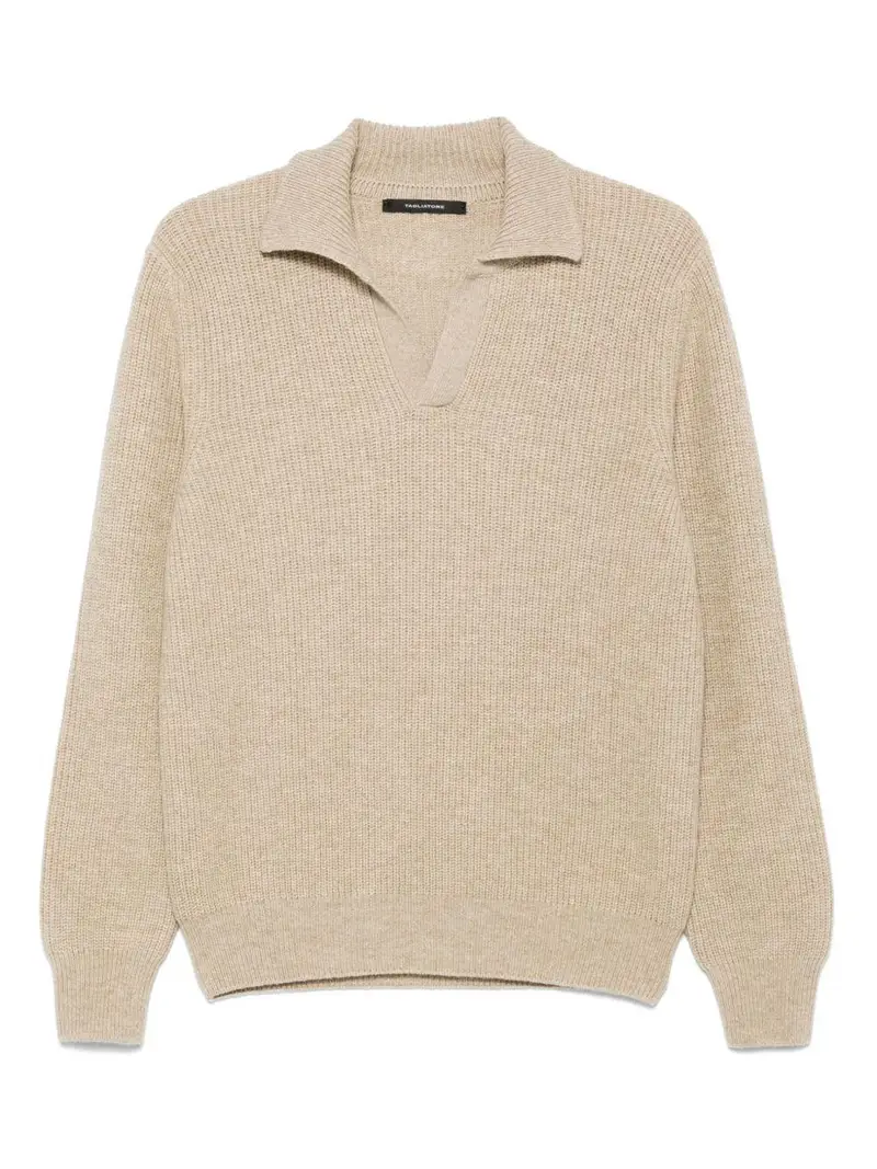 Maglione beige a coste con colletto classico