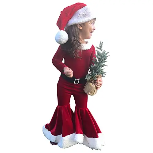 TAGVO Costume Babbo Natale Bambina, 3 Pezzi Velluto Top + Pantaloni + Cappello Set, Vestito Natalizio Elfa di Babbo
