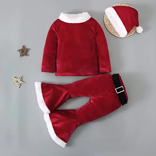 TAGVO Costume Babbo Natale Bambina, 3 Pezzi Velluto Top + Pantaloni + Cappello Set, Vestito Natalizio Elfa di Babbo miniatura 2