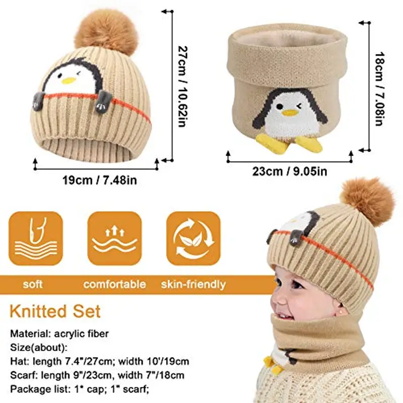 TAGVO Set berretto caldo lavorato a maglia per bambini, inverno spesso, foderato in pile termico con copricollo, per miniatura 2