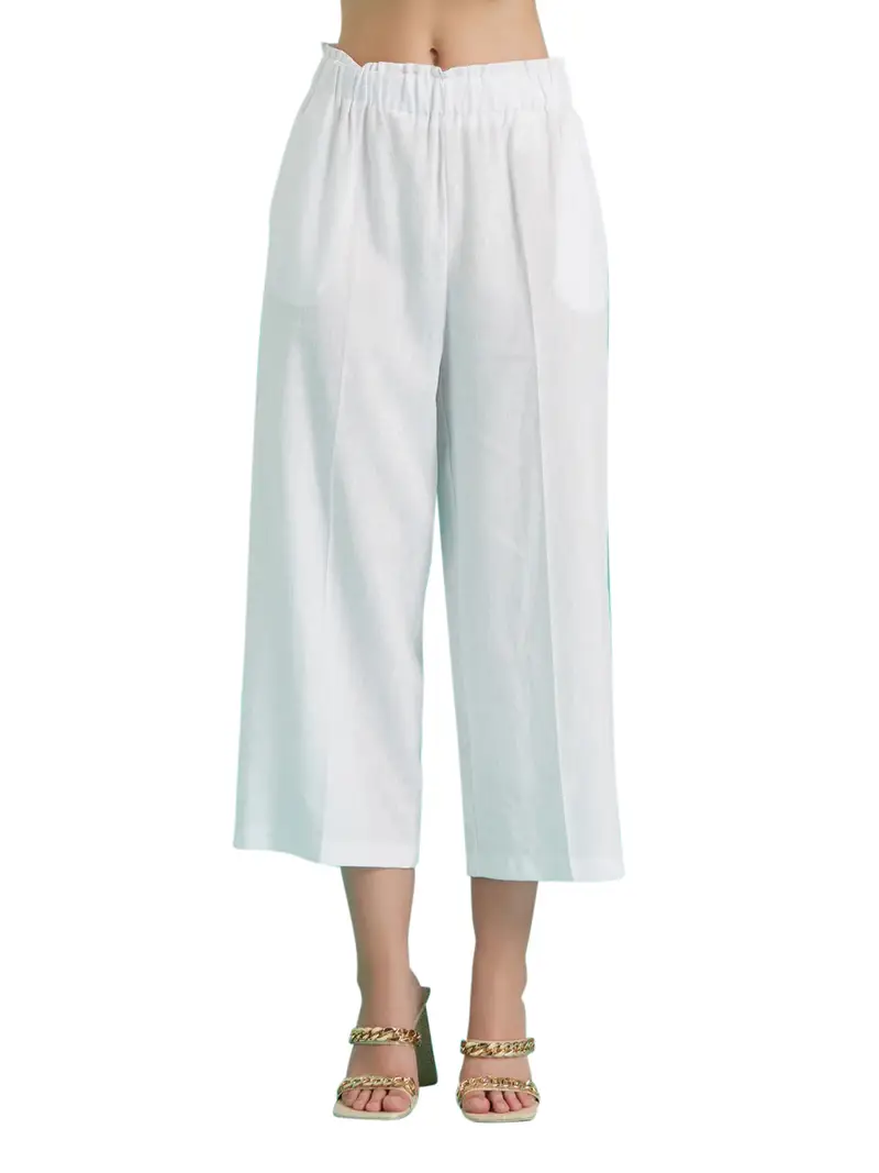 pantalone palazzo con elastico in lino/viscosa Bianco