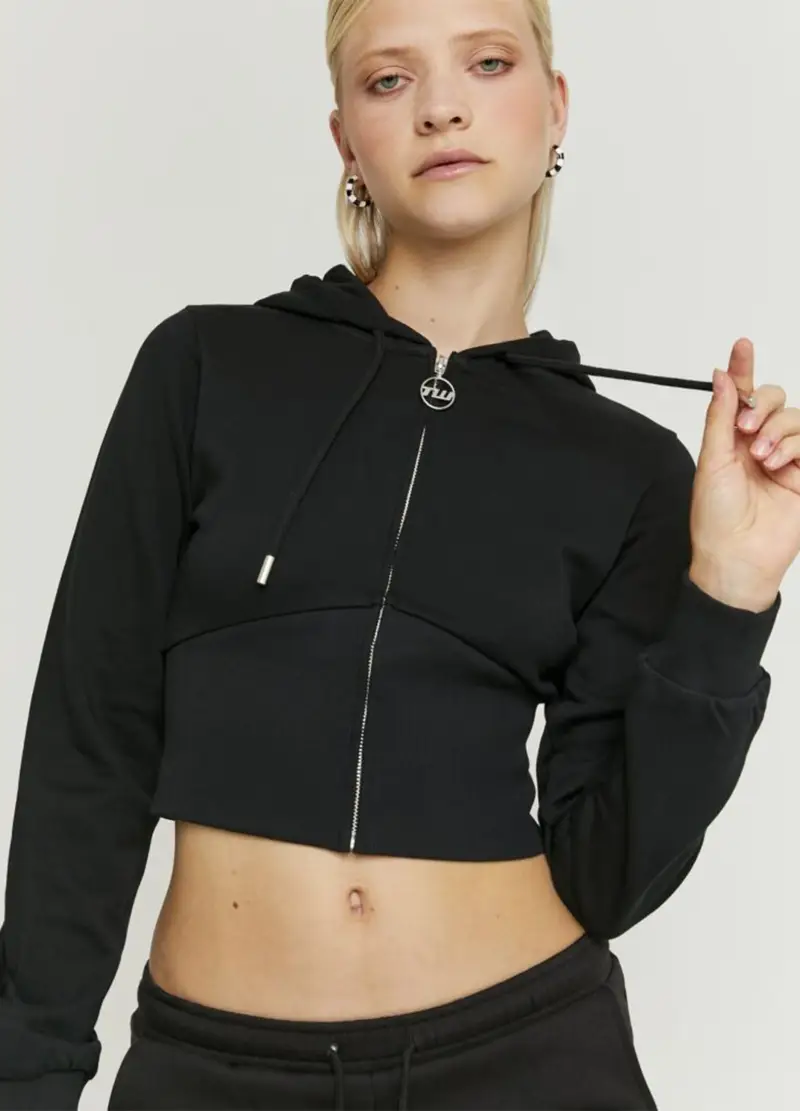 Felpa In Misto Cotone Nera Regular Fit, Donna, Nero miniatura 3