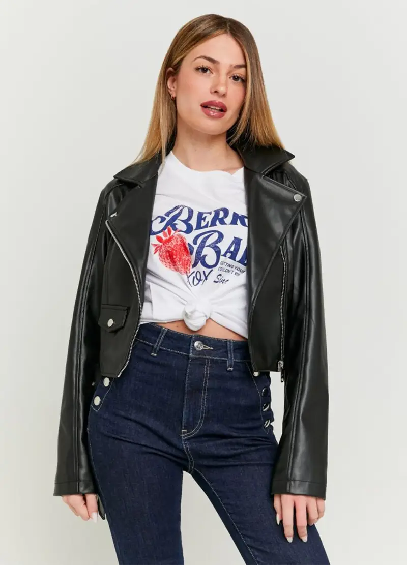 Giacca Biker Cropped Nera, Donna, Nero