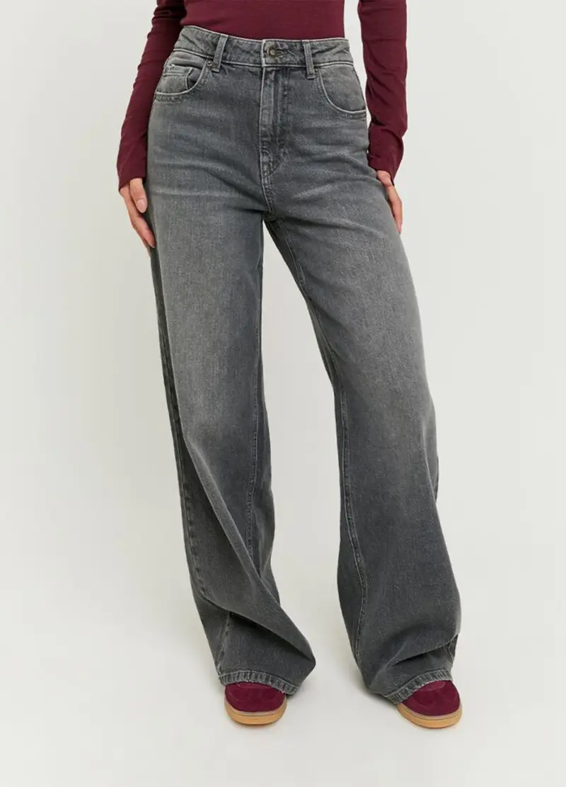 Pantaloni In Cotone Denim Grigio Regular Fit, Donna, Grigio miniatura 2