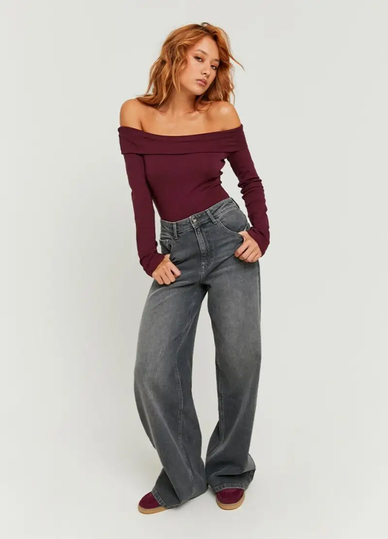 Pantaloni In Cotone Denim Grigio Regular Fit, Donna, Grigio