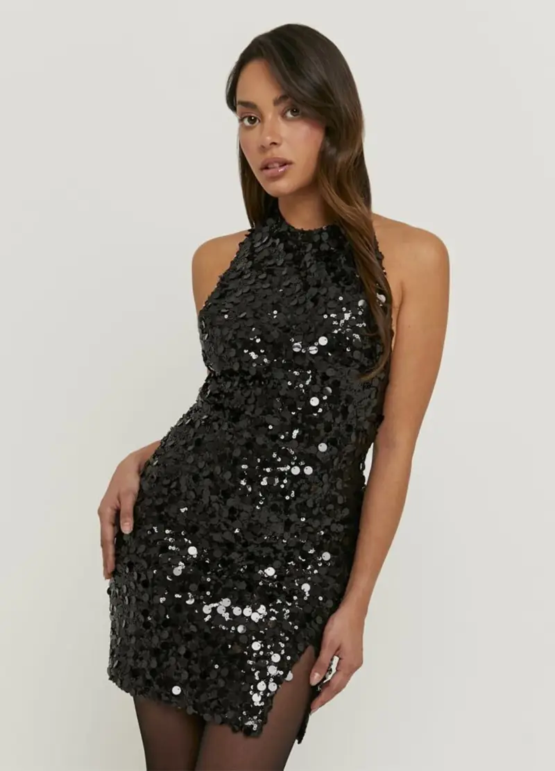 Vestito Nero Regular Fit Con Paillettes, Donna, Nero miniatura 2