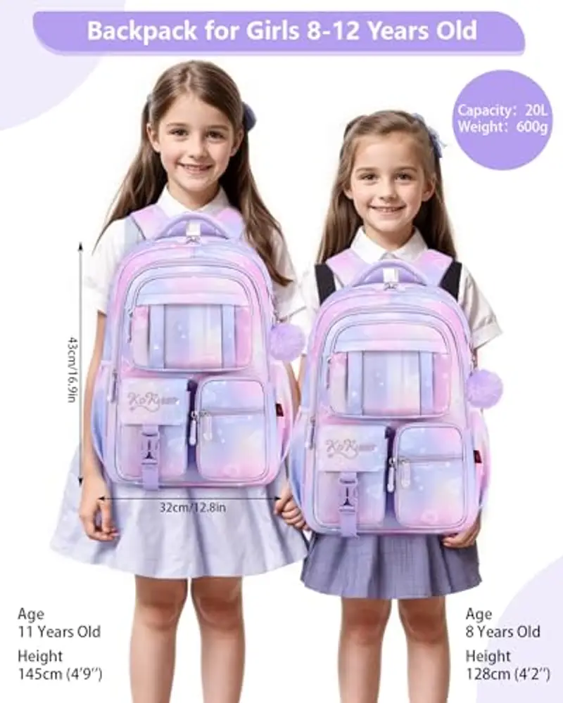 Tanou Zaino Bambina Elementari Zaino per Ragazze, Traspirante Cartella Scuola Elementare Bambina di 7-12 anni, Impermeabile Nylon Grande Zaini Bambini per la Scuola, Viola miniatura 2