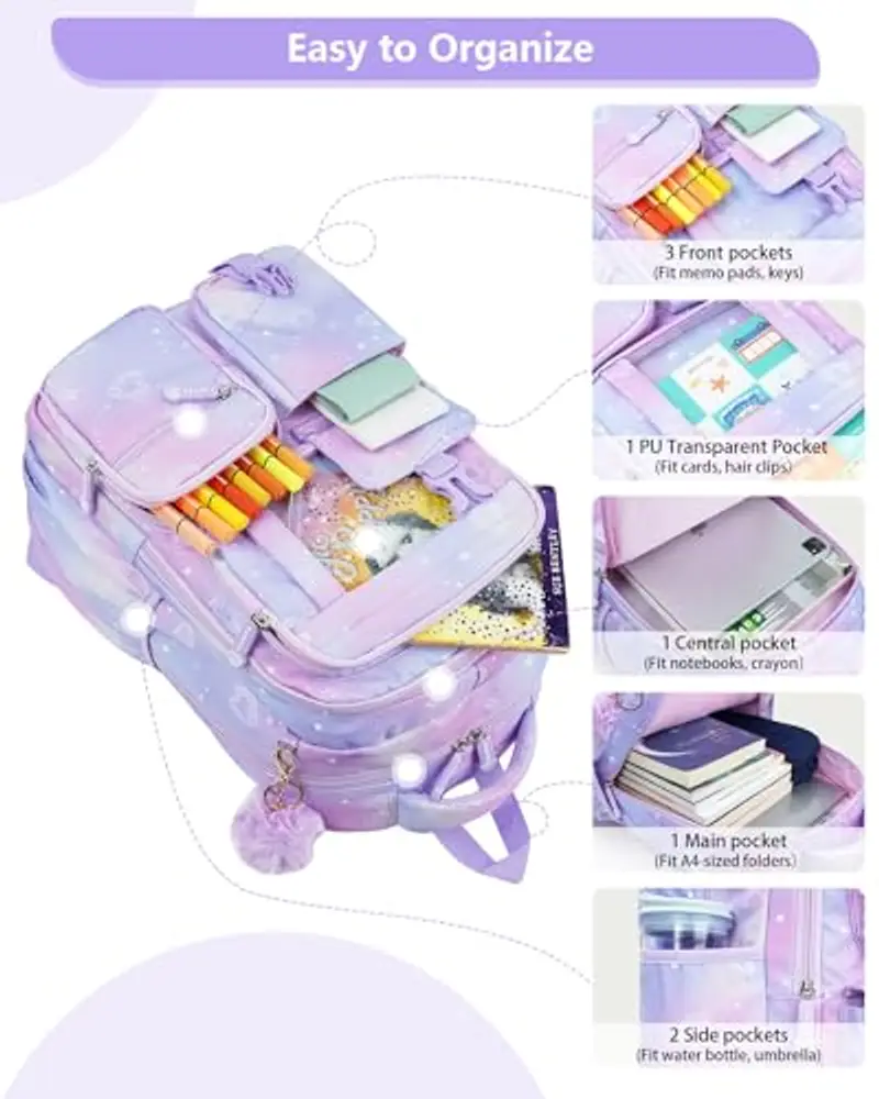 Tanou Zaino Bambina Elementari Zaino per Ragazze, Traspirante Cartella Scuola Elementare Bambina di 7-12 anni, Impermeabile Nylon Grande Zaini Bambini per la Scuola, Viola miniatura 3