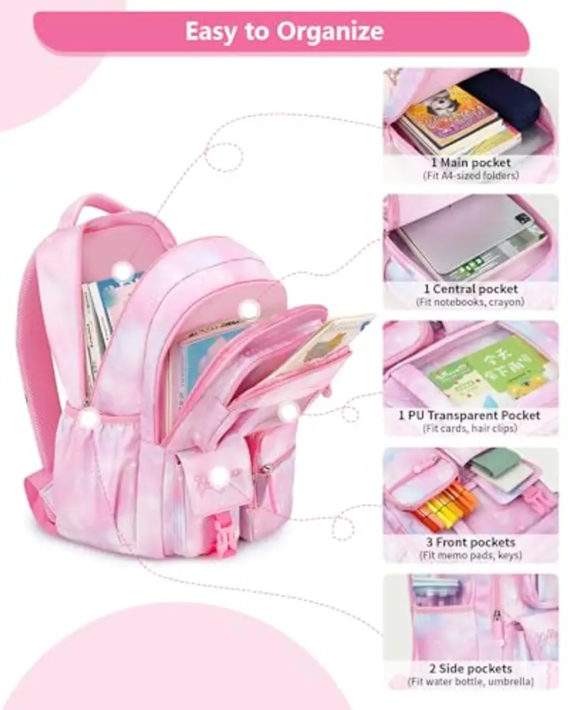 Tanou Zaino Bambina Elementari Zaino per Ragazze, Traspirante Cartella Scuola Elementare Bambina di 7-12 anni miniatura 3