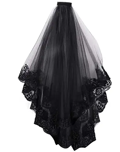 Taozoey Velo da Sposa, in Pizzo Nero, Halloween , Gotico da Donnaa 2 Livelli, Lungo, Velo da Ricamo con Pettine