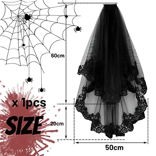 Taozoey Velo da Sposa, in Pizzo Nero, Halloween, Gotico da Donnaa 2 Livelli, Lungo, Velo da Ricamo con Pettine miniatura 2