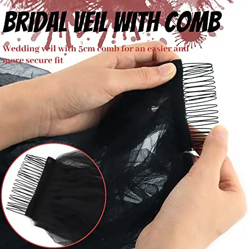 Taozoey Velo da Sposa, in Pizzo Nero, Halloween, Gotico da Donnaa 2 Livelli, Lungo, Velo da Ricamo con Pettine miniatura 3