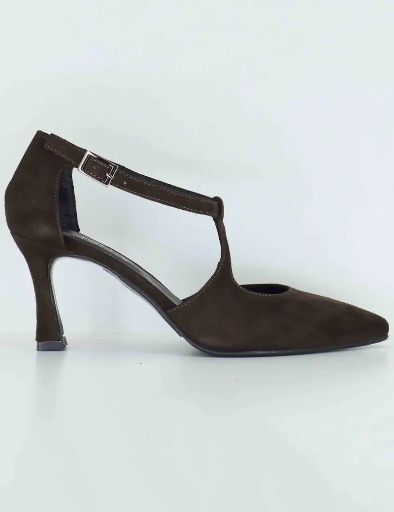 Mery Jane in camsocio marrone tacco alto Donna A102 014