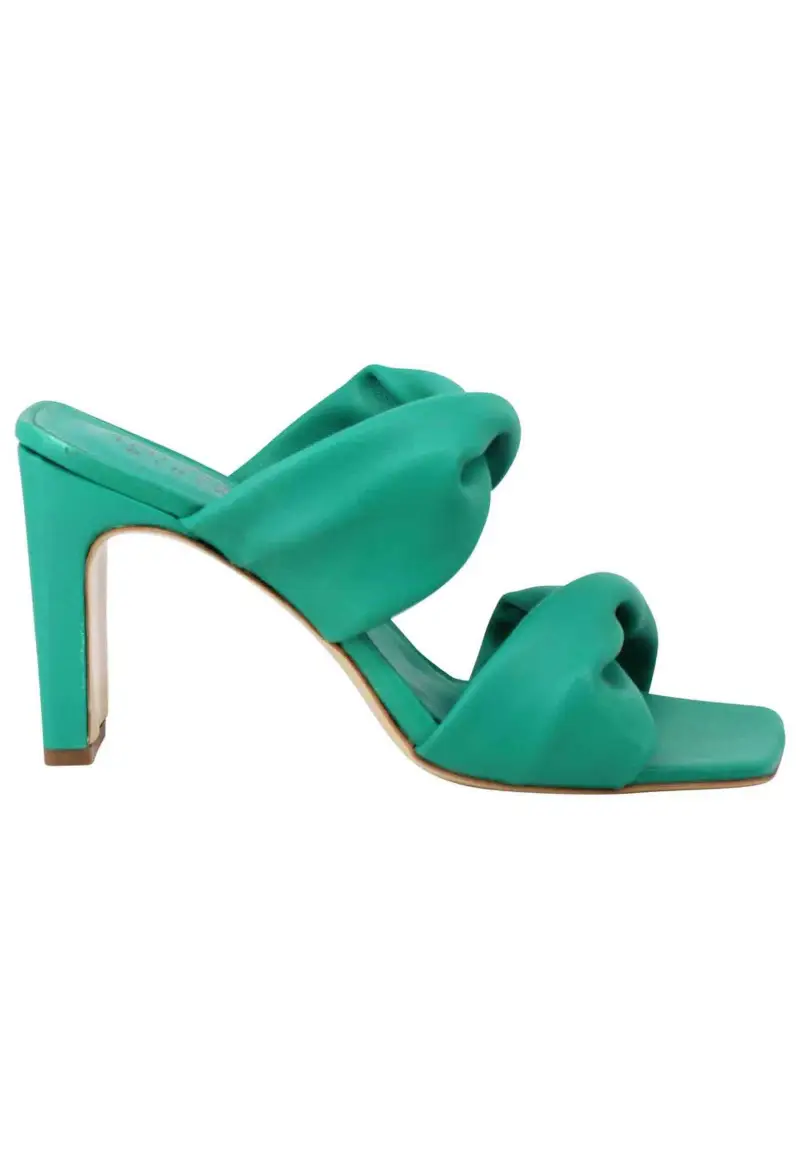 Sandali donna in pelle verde a doppia fascia con tacco alto e punta quadra Donna SR 01 025