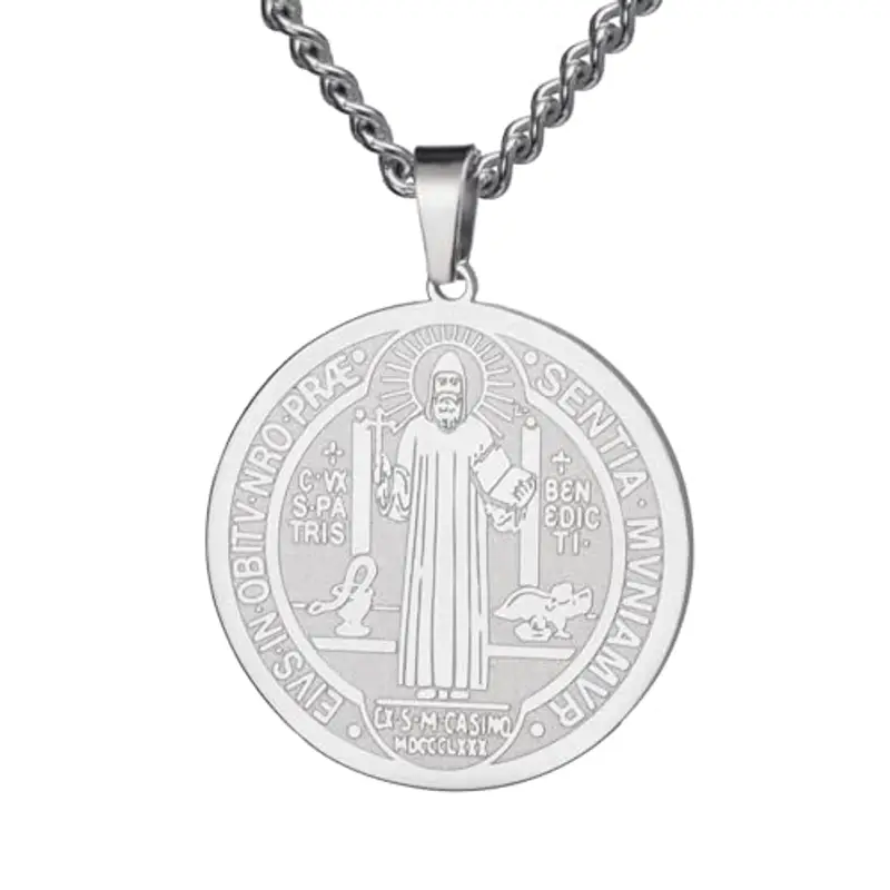 TEAMER Collana di San Benedetto in acciaio inossidabile Ciondolo di San Benedetto Croce di Gesù Amuleto religioso di forza Pace Preghiera Gioielli per uomini donne (Collana San Benedetto - Argento)