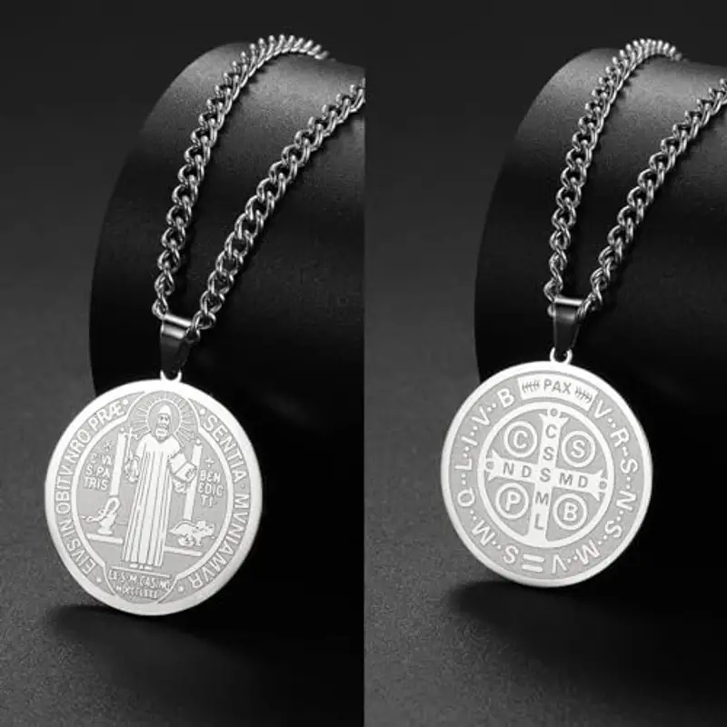 TEAMER Collana di San Benedetto in acciaio inossidabile Ciondolo di San Benedetto Croce di Gesù Amuleto religioso di forza Pace Preghiera Gioielli per uomini donne (Collana San Benedetto - Argento) miniatura 3