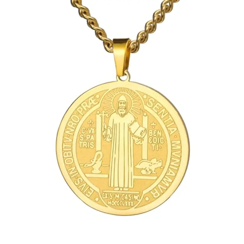 TEAMER Collana di San Benedetto in acciaio inossidabile Ciondolo di San Benedetto Croce di Gesù Amuleto religioso di forza Pace Preghiera Gioielli per uomini donne (Collana San Benedetto - Oro)