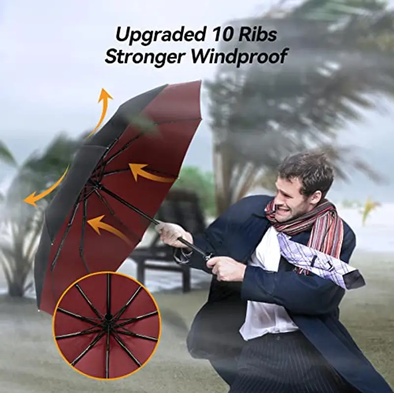 TechRise Ombrello Automatico Pieghevole Antivento Compatto e Forte con 10 Stecche, Apertura e Chiusura con un Solo Pulsante, Ombrello da Viaggio Portatile per Uomini e Donne, Rosso e Nero miniatura 2