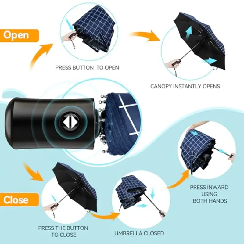 TechRise - Ombrello compatto e resistente, antivento, automatico, pieghevole, leggero, portatile, da viaggio, antipioggia, da golf, con un pulsante di apertura e chiusura automatica, Plaid blu, L miniatura 2