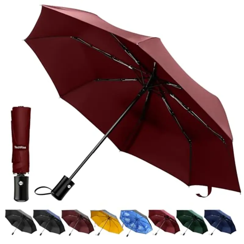 TechRise Ombrello, Ombrello Storm fest con apertura e chiusura automatica, Ombrello tascabile portatile e pieghevole per uomini e donne bambini, Rosso intenso