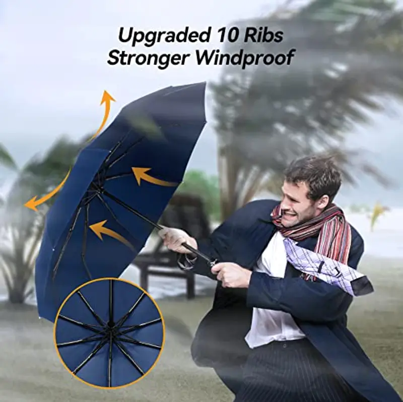 TechRise Ombrello Pieghevole, Ombrello Automatico Antivento Compatto e Forte con 10 Stecche, Apertura e Chiusura con un Solo Pulsante, Ombrello da Viaggio Portatile Leggero per Uomini e Donne, Blu miniatura 2