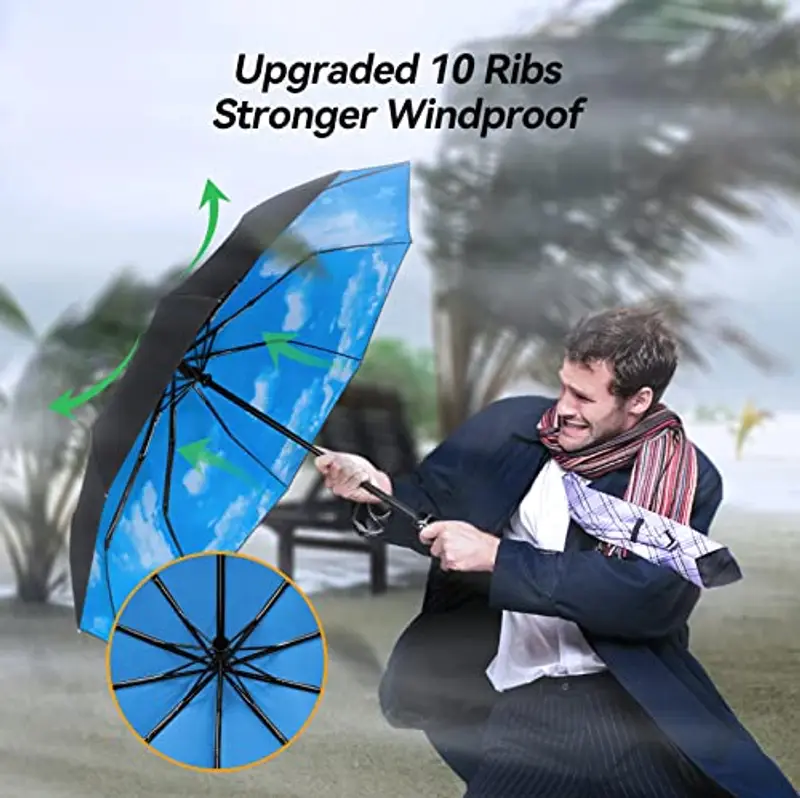 TechRise Ombrello Pieghevole, Ombrello Automatico Antivento Compatto e Forte con 10 Stecche, Apertura e Chiusura con un Solo Pulsante, Ombrello da Viaggio Portatile Leggero per Uomini e Donne, Cielo miniatura 2