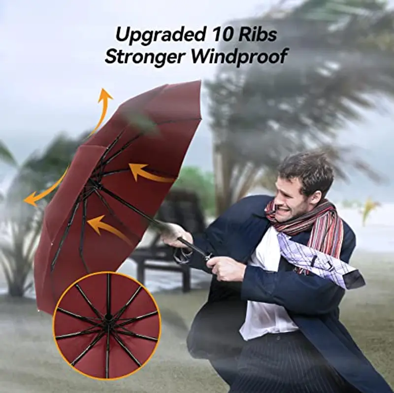 TechRise Ombrello Pieghevole, Ombrello Automatico Antivento Compatto e Forte con 10 Stecche, Apertura e Chiusura con un Solo Pulsante, Ombrello da Viaggio Portatile Leggero per Uomini e Donne, Rosso miniatura 2