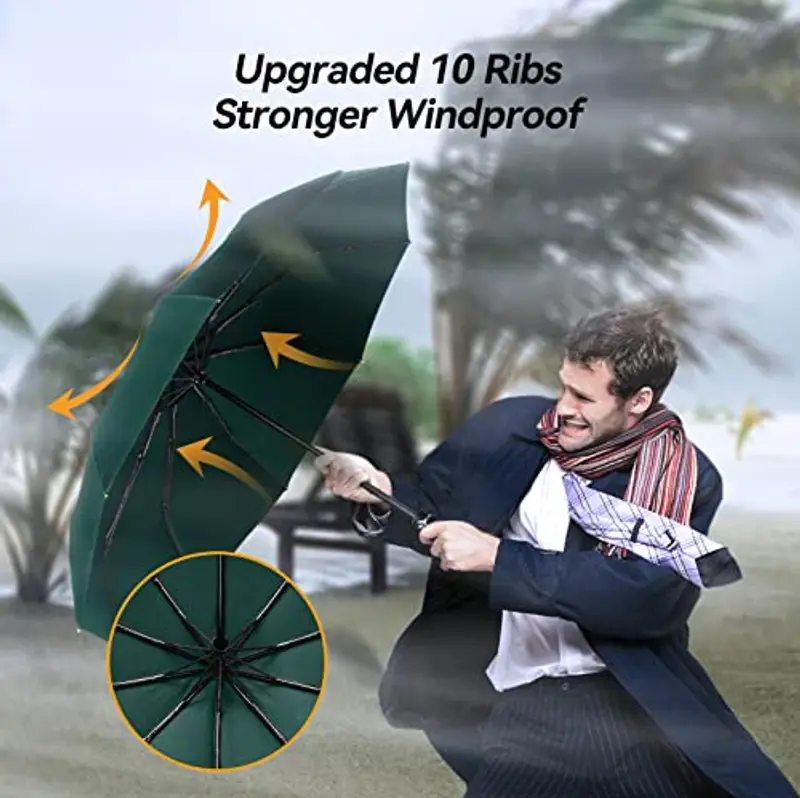 TechRise Ombrello Pieghevole, Ombrello Automatico Antivento Compatto e Forte con 10 Stecche, Apertura e Chiusura con un Solo Pulsante, Ombrello da Viaggio Portatile Leggero per Uomini e Donne, Verde miniatura 2