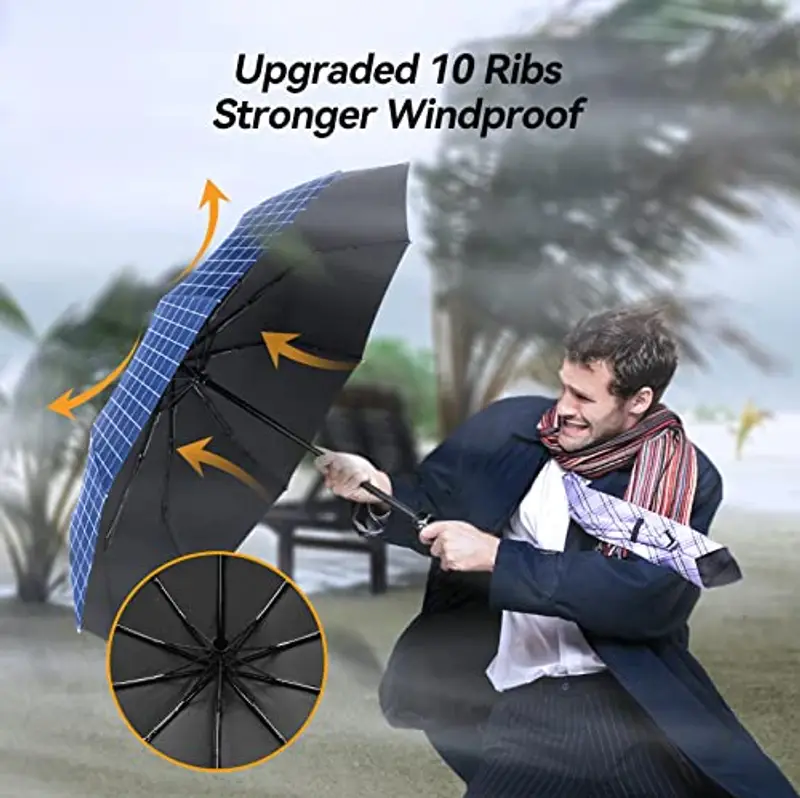 TechRise Ombrello Pieghevole, Ombrello Automatico Antivento Compatto e Forte con 10 Stecche, Apertura e Chiusura con un Solo Pulsante, Ombrello da Viaggio Portatile per Uomini e Donne, Griglia Blu miniatura 2