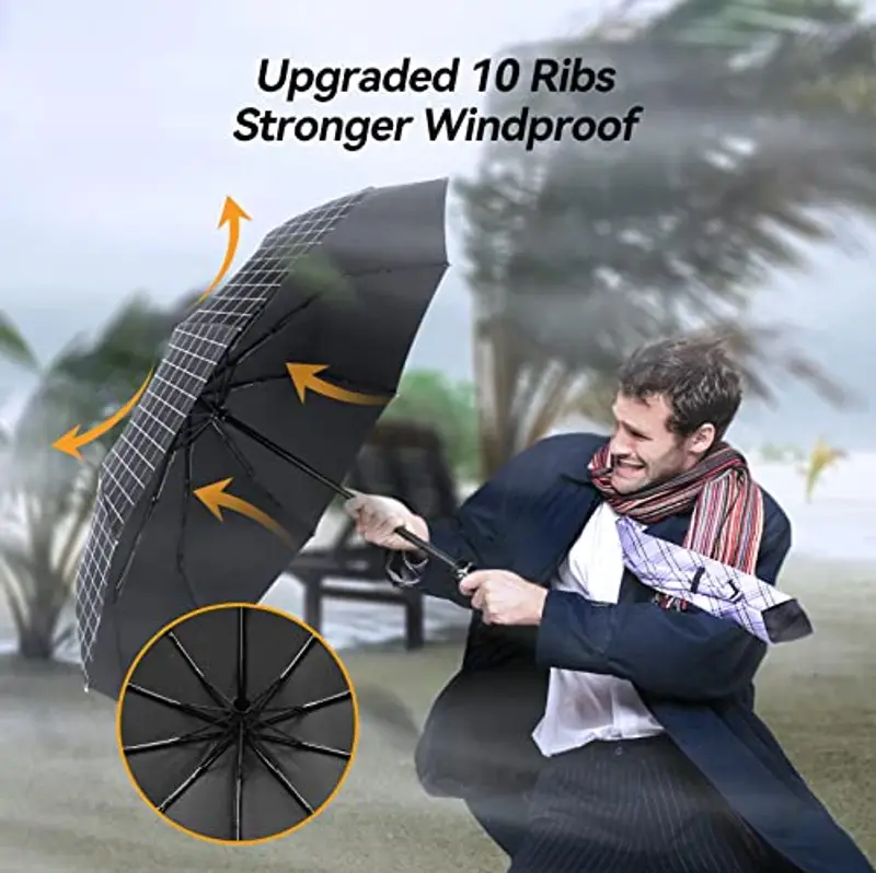 TechRise Ombrello Pieghevole, Ombrello Automatico Antivento Compatto e Forte con 10 Stecche, Apertura e Chiusura con un Solo Pulsante, Ombrello da Viaggio Portatile per Uomini e Donne, Griglia Nera miniatura 2