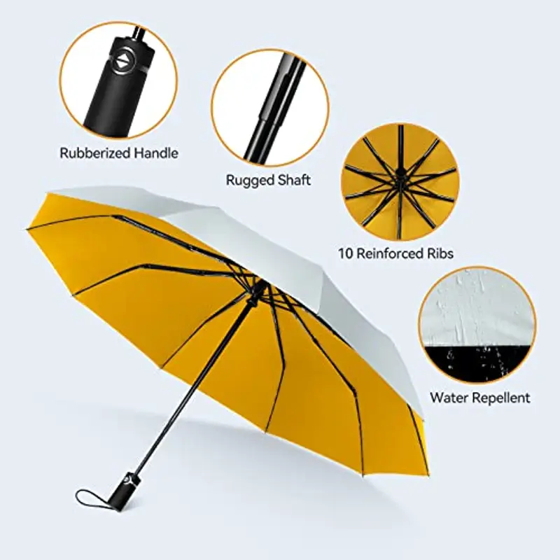 TechRise Ombrello Pieghevole, Ombrello Automatico Antivento Compatto e Forte con 10 Stecche, Apertura e Chiusura con un Solo Pulsante, Ombrello Portatile per Uomini e Donne, Argento e Giallo miniatura 3