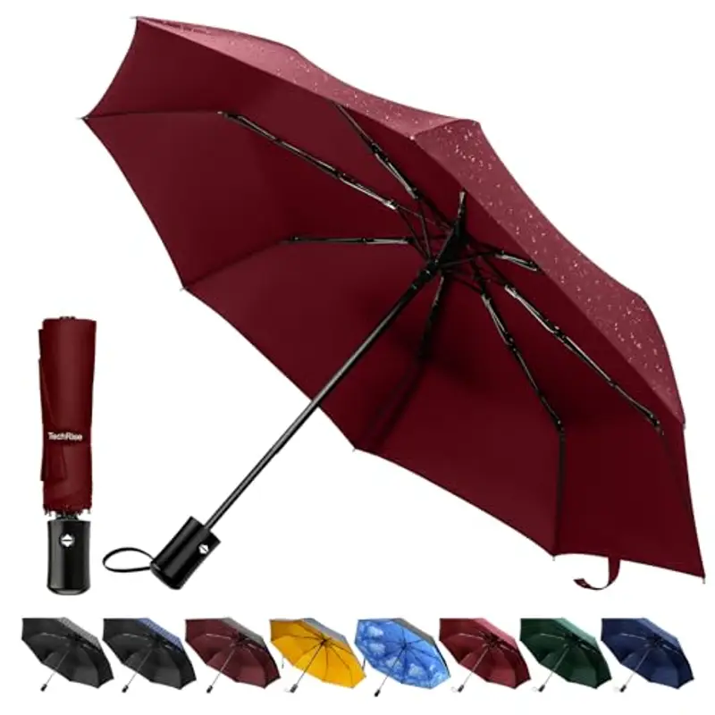 TechRise Ombrello Pieghevole, Ombrello Portatile Automatico Antivento Compatto Resistente Leggero con 8 Stecche Rinforzate in Teflon, ombrellino per passeggino universale per uomini e donn