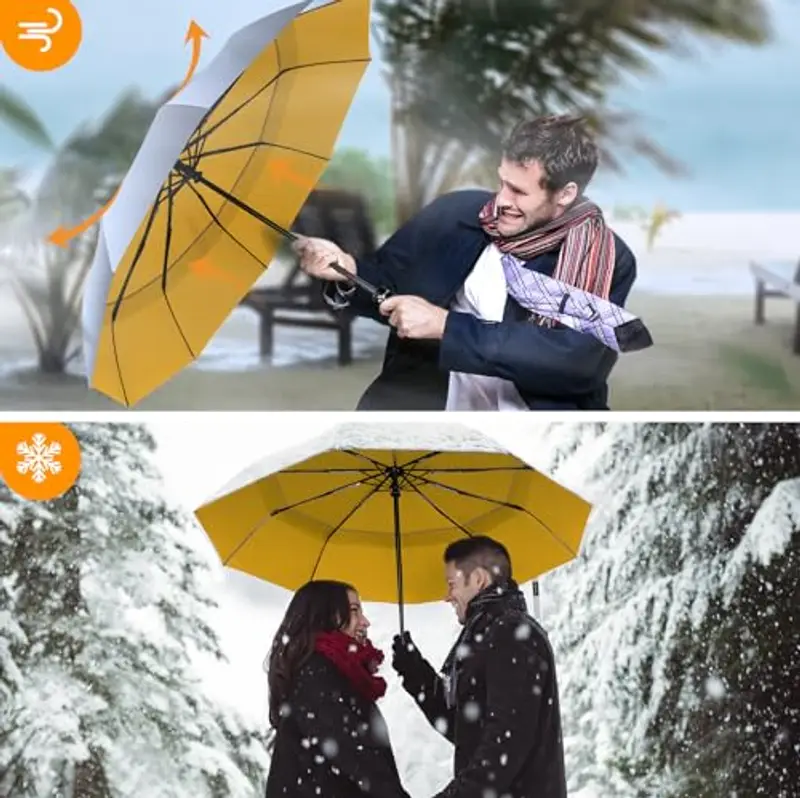 TECKNET Ombrello Pieghevole Antivento, Grande Portatile Pioggia da 10 Ossa, Automatico Viaggio Umbrella Doppio Baldacchino Antivento Impermeabile per Uomo Donna, Diametro 104 cm, Argento e Giallo miniatura 3
