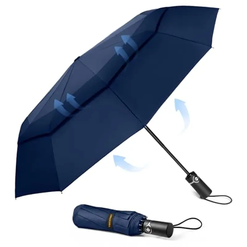 TECKNET Ombrello Pieghevole Antivento, Grande Portatile Pioggia da 10 Ossa, Automatico Viaggio Umbrella Doppio Baldacchino Antivento Impermeabile per Uomo Donna, Diametro 104 cm, Blu