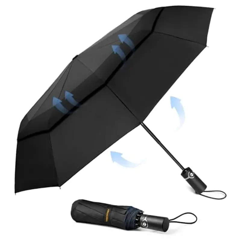 TECKNET Ombrello Pieghevole Antivento, Grande Portatile Pioggia da 10 Ossa, Automatico Viaggio Umbrella Doppio Baldacchino Antivento Impermeabile per Uomo Donna, Diametro 104 cm, Cielo