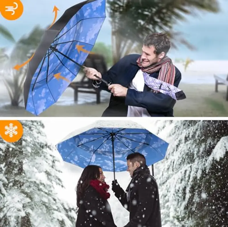 TECKNET Ombrello Pieghevole Antivento, Grande Portatile Pioggia da 10 Ossa, Automatico Viaggio Umbrella Doppio Baldacchino Antivento Impermeabile per Uomo Donna, Diametro 104 cm, Cielo miniatura 3