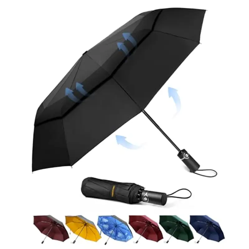 TECKNET Ombrello Pieghevole Antivento, Grande Portatile Pioggia da 10 Ossa, Automatico Viaggio Umbrella Doppio Baldacchino Antivento Impermeabile per Uomo Donna, Diametro 104 cm, Nero