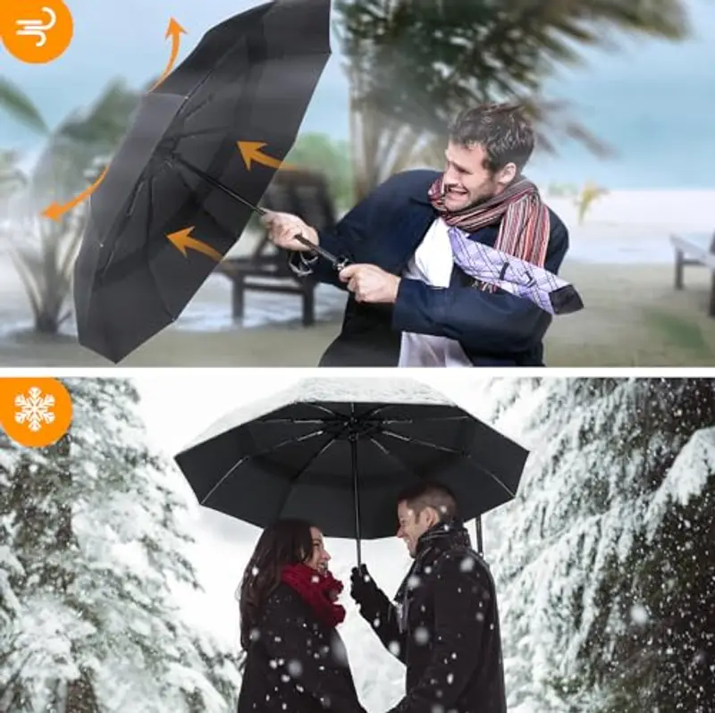 TECKNET Ombrello Pieghevole Antivento, Grande Portatile Pioggia da 10 Ossa, Automatico Viaggio Umbrella Doppio Baldacchino Antivento Impermeabile per Uomo Donna, Diametro 104 cm, Nero miniatura 3