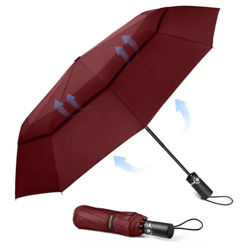 TECKNET Ombrello Pieghevole Antivento, Grande Portatile Pioggia da 10 Ossa, Automatico Viaggio Umbrella Doppio Baldacchino Antivento Impermeabile per Uomo Donna, Diametro 104 cm, Rosso