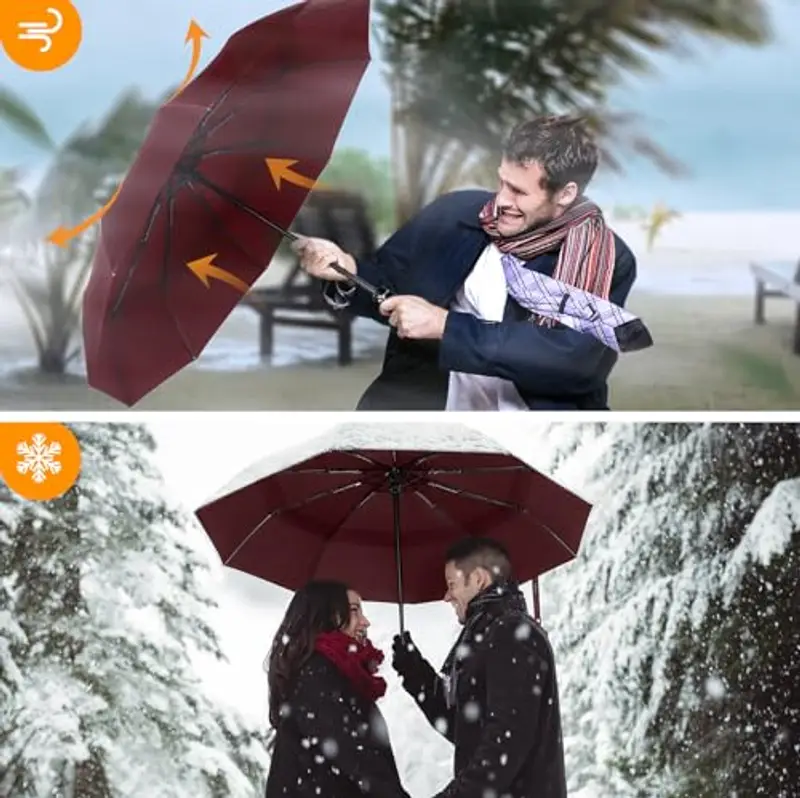 TECKNET Ombrello Pieghevole Antivento, Grande Portatile Pioggia da 10 Ossa, Automatico Viaggio Umbrella Doppio Baldacchino Antivento Impermeabile per Uomo Donna, Diametro 104 cm, Rosso miniatura 3