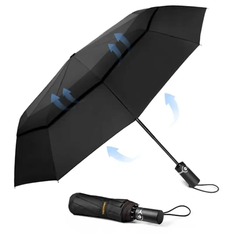 TECKNET Ombrello Pieghevole Antivento, Grande Portatile Pioggia da 10 Ossa, Automatico Viaggio Umbrella Doppio Baldacchino Antivento Impermeabile per Uomo Donna, Diametro 104 cm, Rosso e Nero
