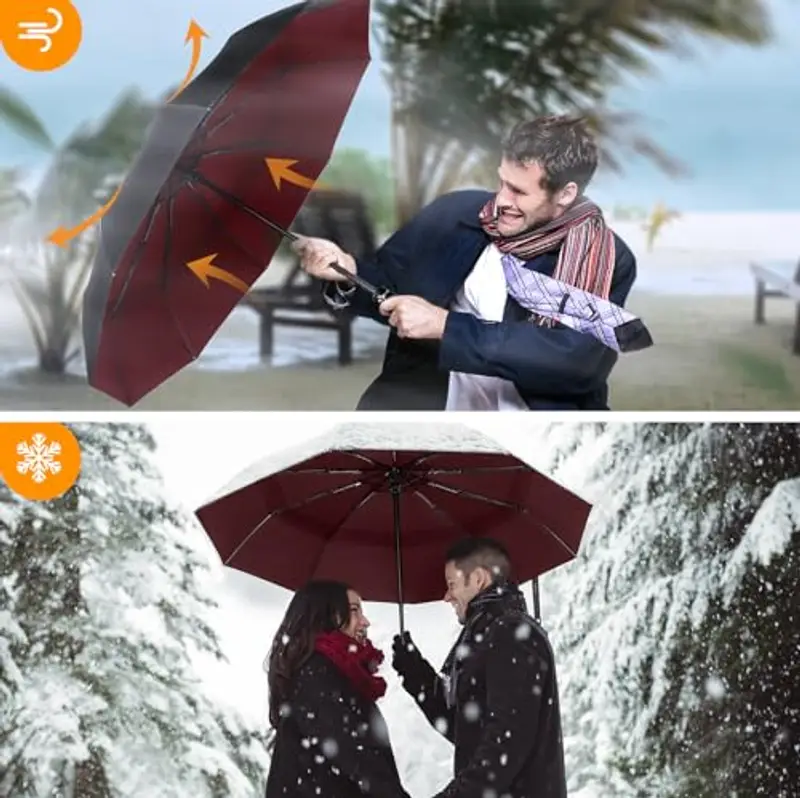 TECKNET Ombrello Pieghevole Antivento, Grande Portatile Pioggia da 10 Ossa, Automatico Viaggio Umbrella Doppio Baldacchino Antivento Impermeabile per Uomo Donna, Diametro 104 cm, Rosso e Nero miniatura 3