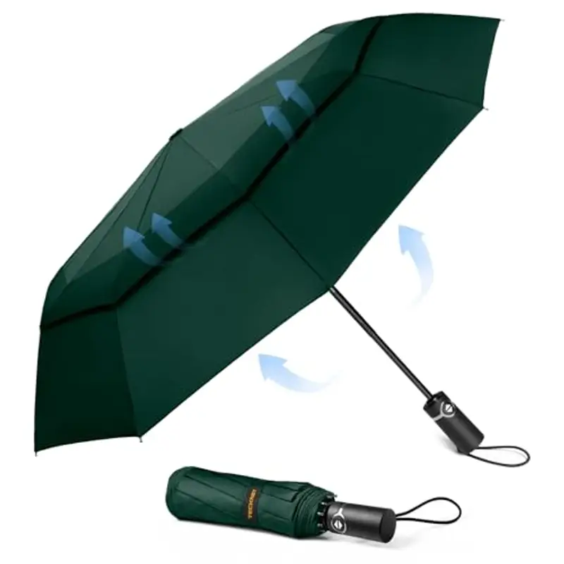 TECKNET Ombrello Pieghevole Antivento, Grande Portatile Pioggia da 10 Ossa, Automatico Viaggio Umbrella Doppio Baldacchino Antivento Impermeabile per Uomo Donna, Diametro 104 cm, Verde
