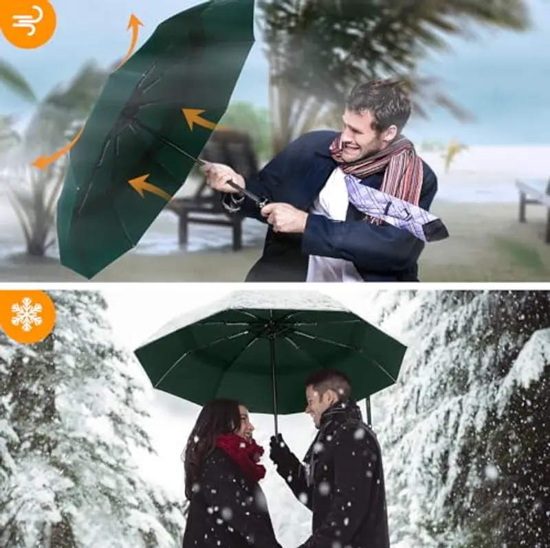 TECKNET Ombrello Pieghevole Antivento, Grande Portatile Pioggia da 10 Ossa, Automatico Viaggio Umbrella Doppio Baldacchino Antivento Impermeabile per Uomo Donna, Diametro 104 cm, Verde miniatura 3