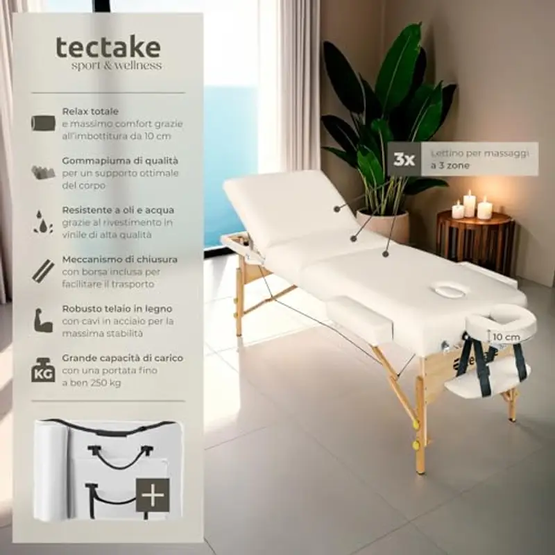 TecTake® Lettino da Massaggio a 3 Zone, Struttura Robusta, Imbottitura 10 cm, Regolabile, Lettino Massaggio Portatile miniatura 2
