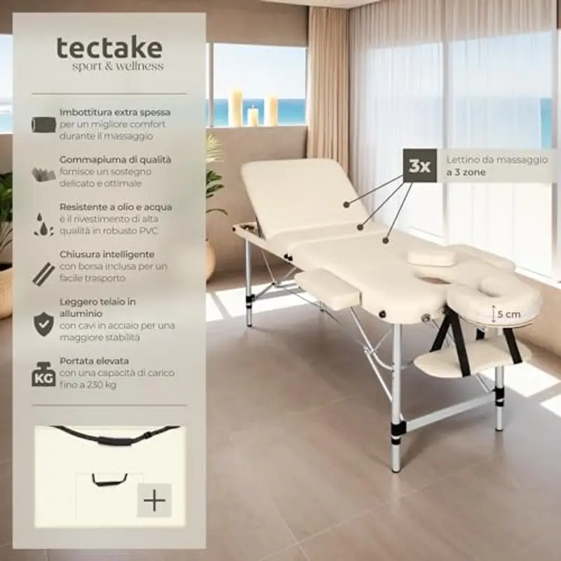 TecTake® Lettino da Massaggio Pieghevole a 3 Zone, Lettino Massaggio Portatile, Lettino Estetista con Poggiatesta e Poggiapiedi Regolabili - Larghezza senza braccioli: 70 cm, Beige miniatura 2